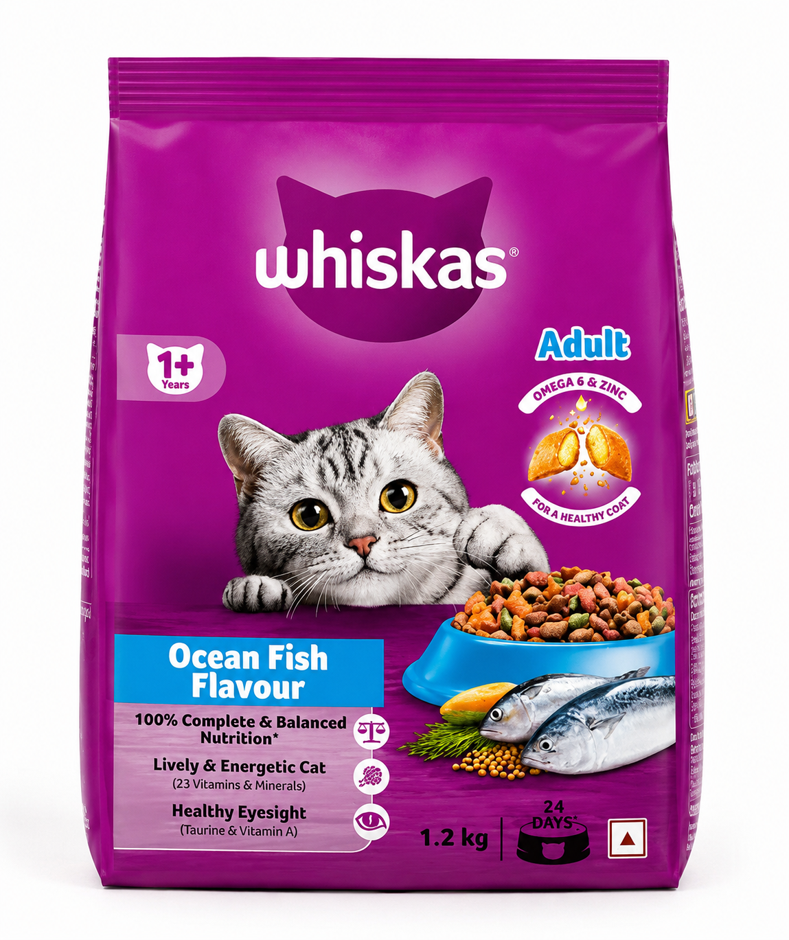 Whiskas Adult Dry Cat Food – Ocean Fish Flavour | Complete & Balanced Nutrition | 1.2kg